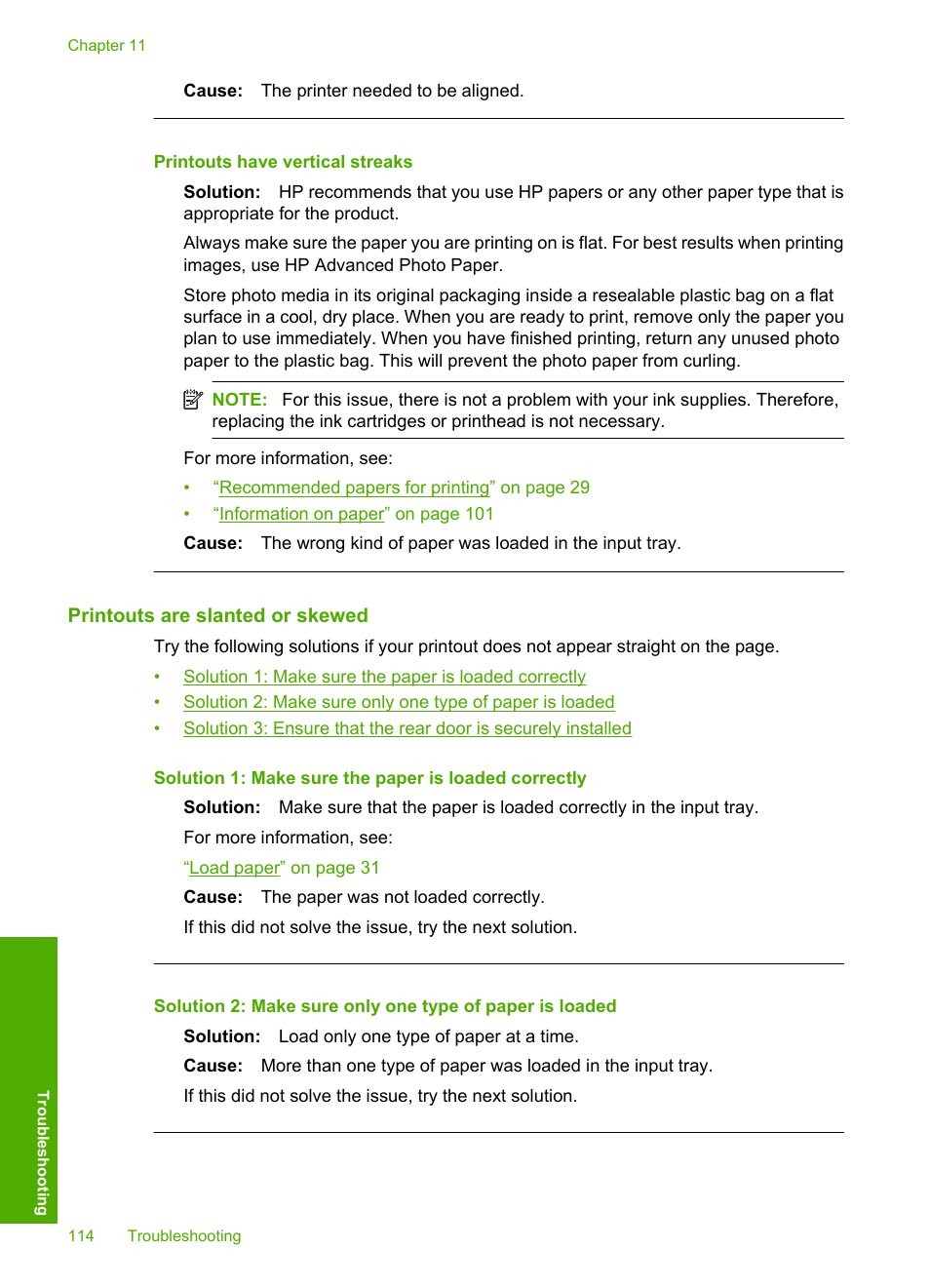 Printouts are slanted or skewed, Printouts have vertical streaks | HP Photosmart D7560 Printer User Manual | Page 117 / 237