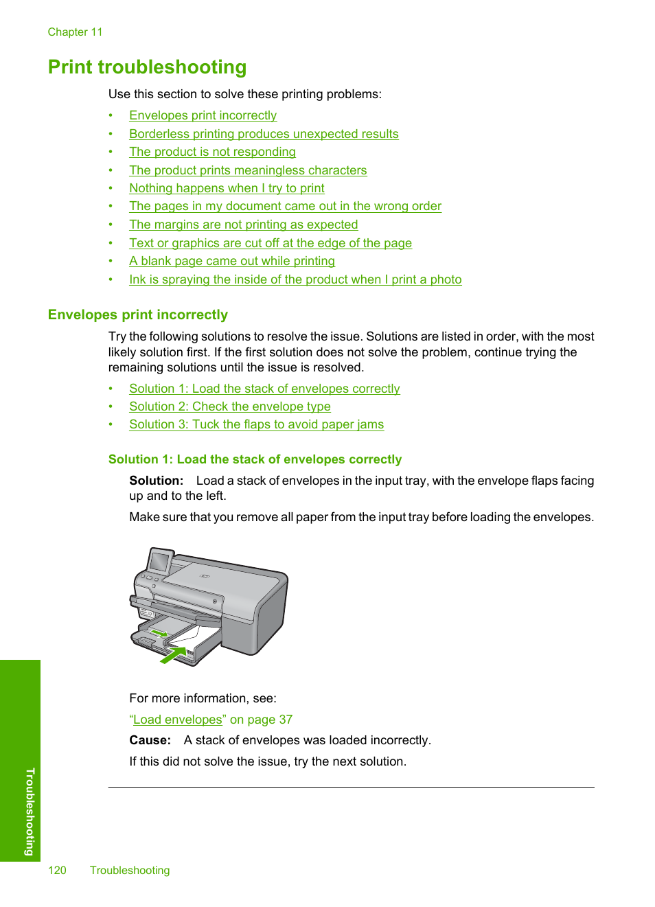 Print troubleshooting, Envelopes print incorrectly | HP Photosmart D7560 Printer User Manual | Page 123 / 237