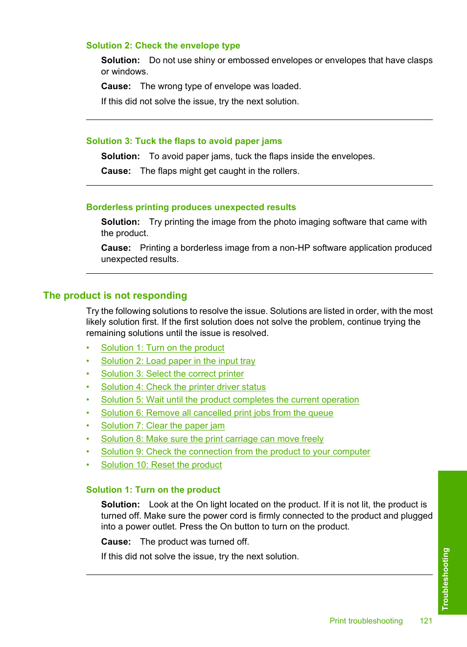 The product is not responding, Borderless printing produces unexpected results, Solution 2: check the envelope type | Solution 3: tuck the flaps to avoid paper jams | HP Photosmart D7560 Printer User Manual | Page 124 / 237
