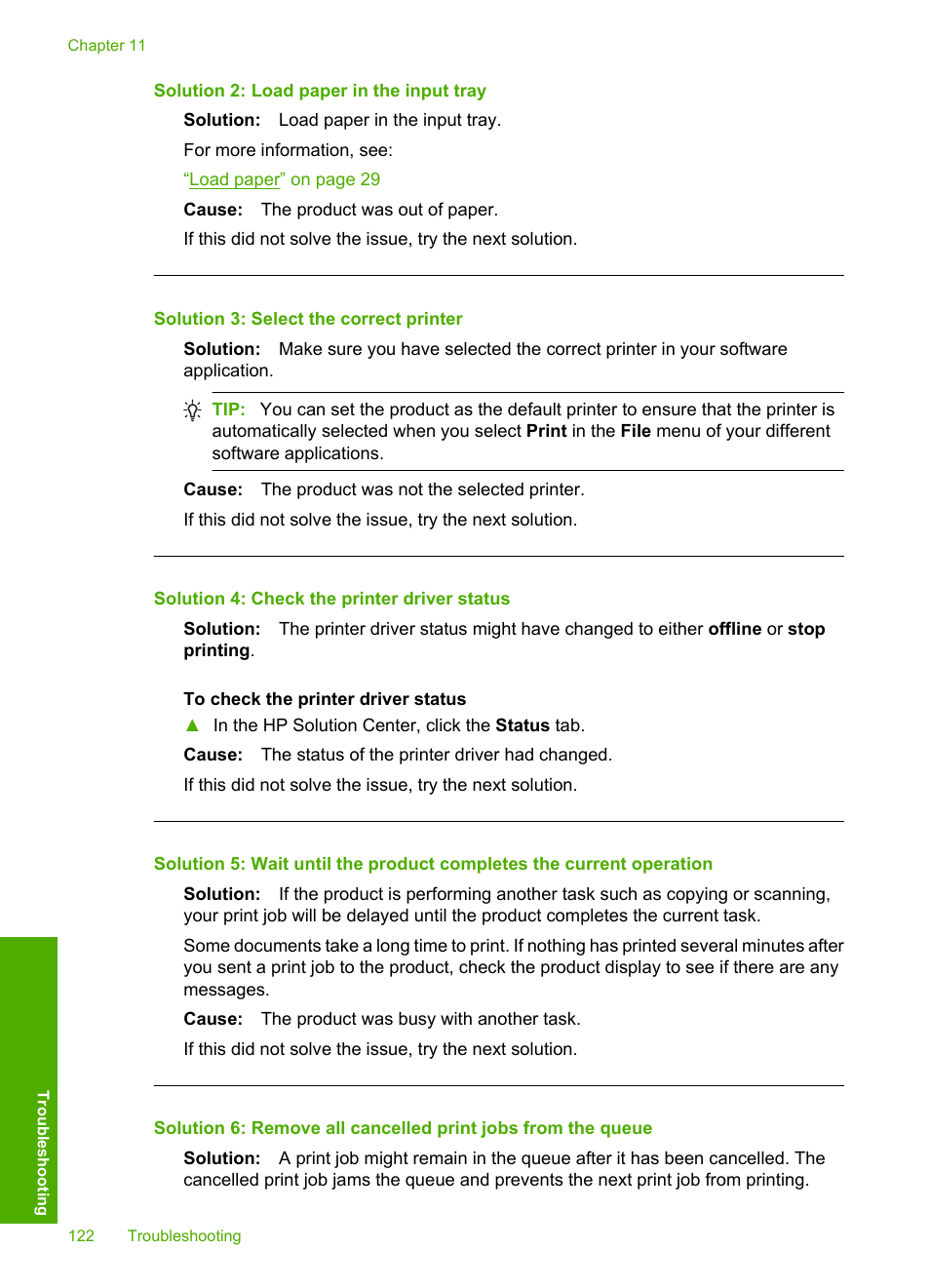 Solution 2: load paper in the input tray, Solution 3: select the correct printer, Solution 4: check the printer driver status | HP Photosmart D7560 Printer User Manual | Page 125 / 237