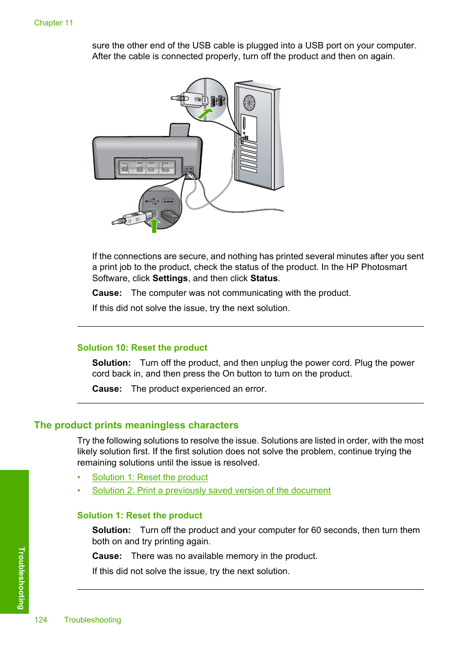 The product prints meaningless characters, Solution 10: reset the product | HP Photosmart D7560 Printer User Manual | Page 127 / 237