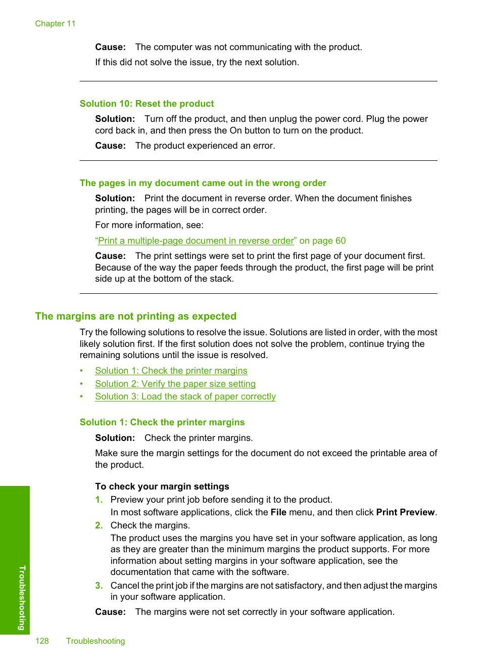 The margins are not printing as expected, Solution 10: reset the product | HP Photosmart D7560 Printer User Manual | Page 131 / 237