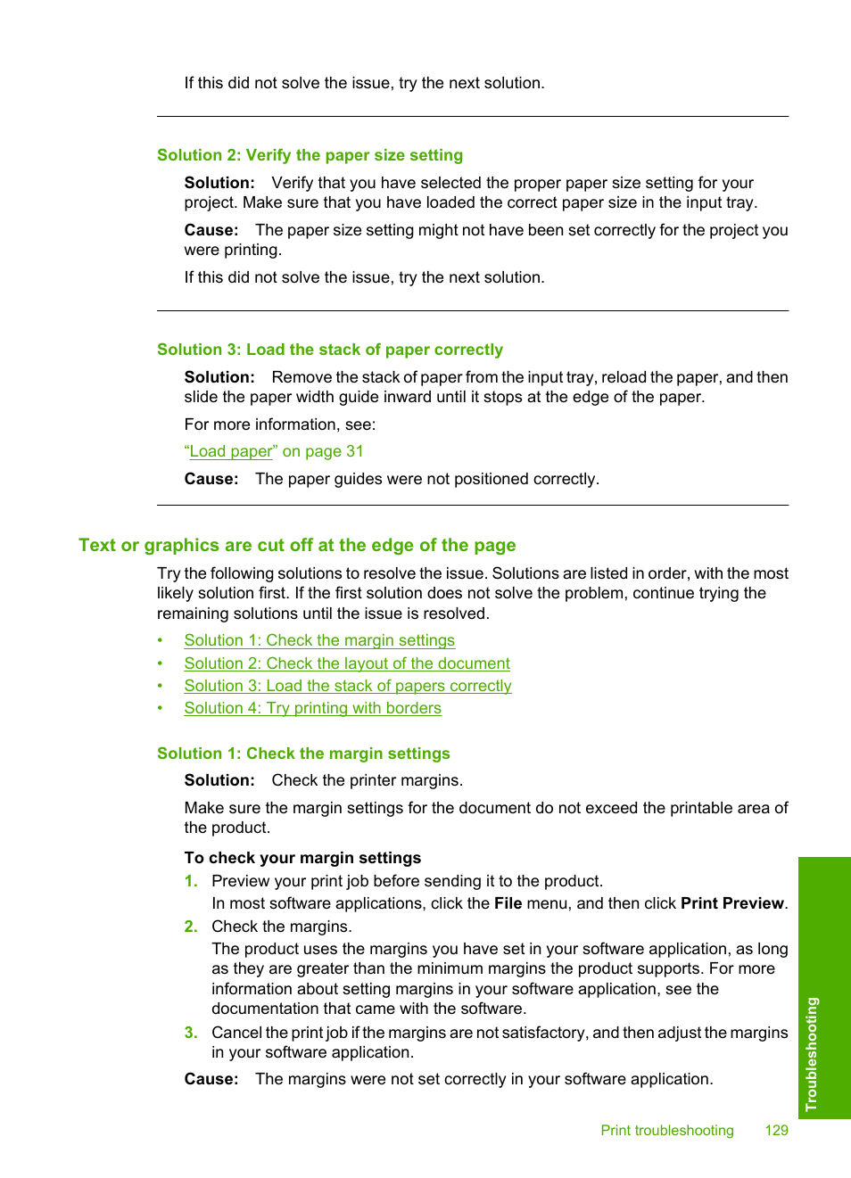 Solution 2: verify the paper size setting, Solution 3: load the stack of paper correctly | HP Photosmart D7560 Printer User Manual | Page 132 / 237