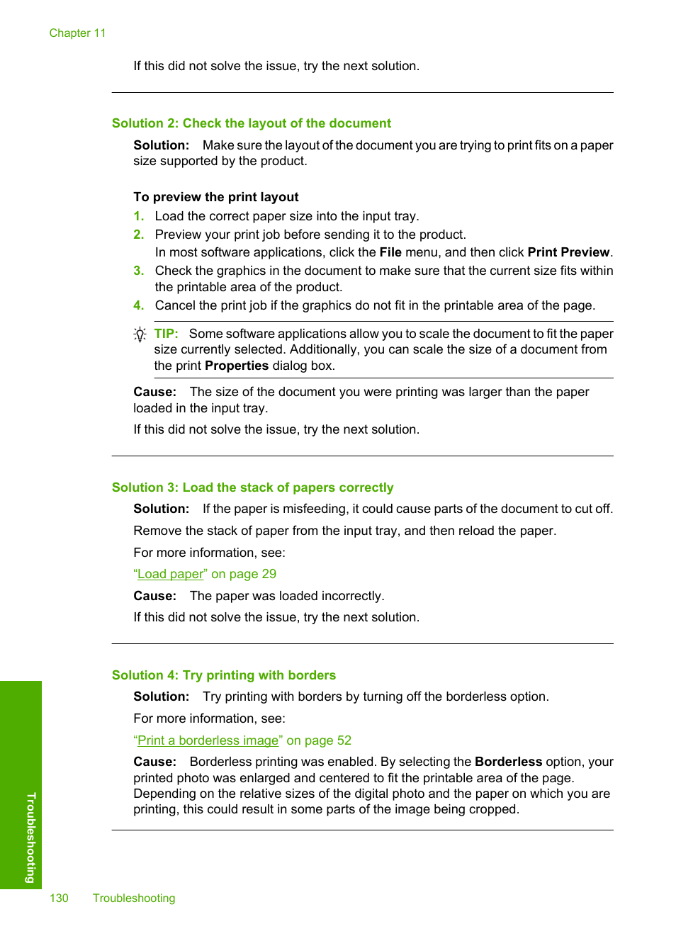 Solution 2: check the layout of the document, Solution 3: load the stack of papers correctly, Solution 4: try printing with borders | HP Photosmart D7560 Printer User Manual | Page 133 / 237