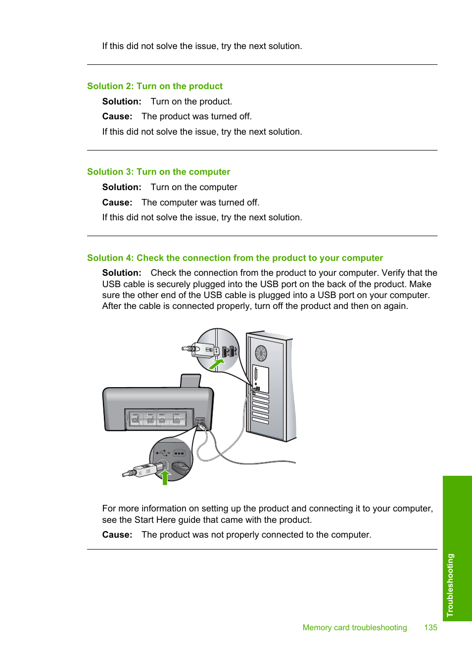 Solution 2: turn on the product, Solution 3: turn on the computer | HP Photosmart D7560 Printer User Manual | Page 138 / 237