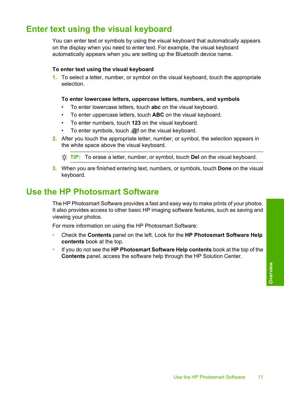 Enter text using the visual keyboard, Use the hp photosmart software | HP Photosmart D7560 Printer User Manual | Page 14 / 237