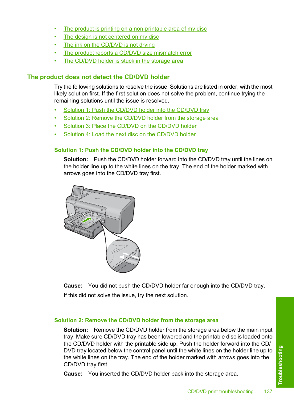 The product does not detect the cd/dvd holder | HP Photosmart D7560 Printer User Manual | Page 140 / 237