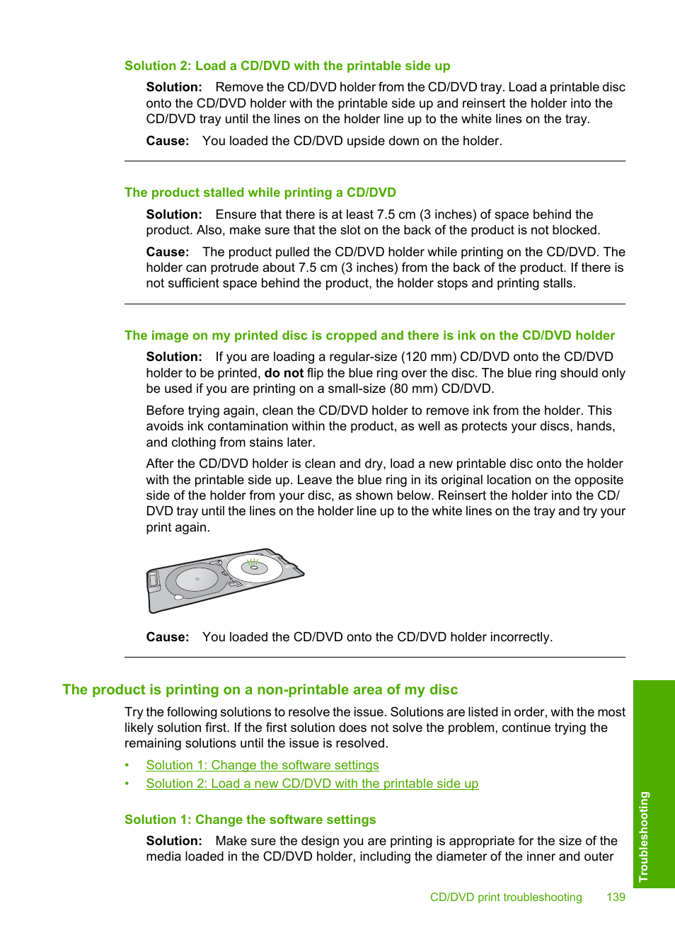 The product stalled while printing a cd/dvd | HP Photosmart D7560 Printer User Manual | Page 142 / 237