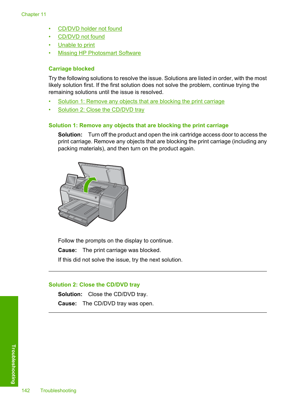 Carriage blocked | HP Photosmart D7560 Printer User Manual | Page 145 / 237