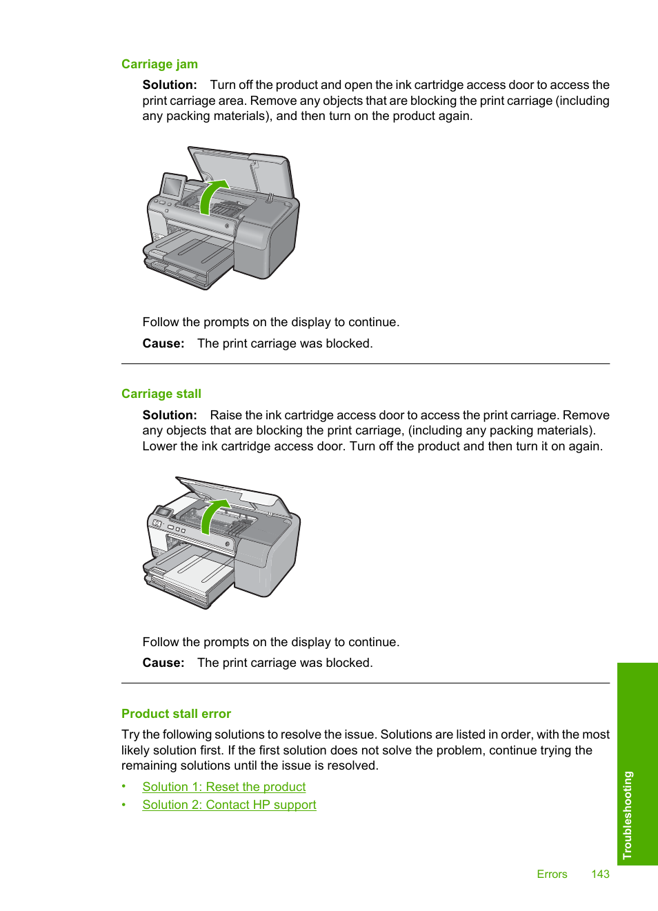 Product stall error, Carriage jam, Carriage stall | HP Photosmart D7560 Printer User Manual | Page 146 / 237