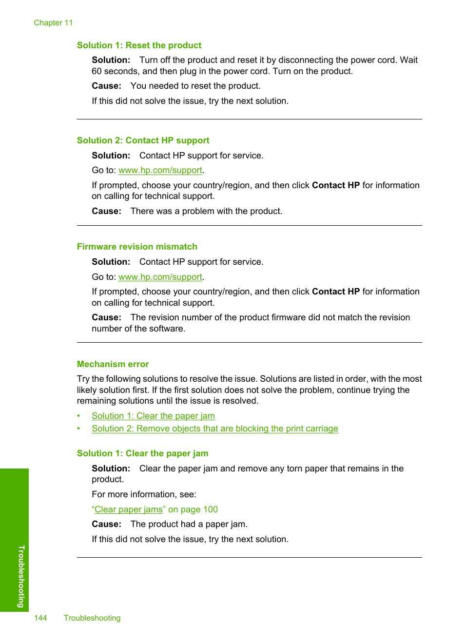 Mechanism error, Firmware revision mismatch | HP Photosmart D7560 Printer User Manual | Page 147 / 237