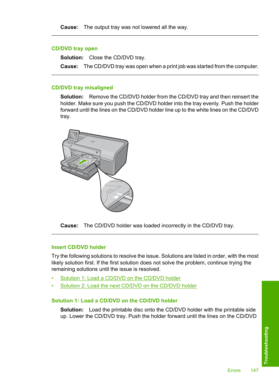 Insert cd/dvd holder, Cd/dvd tray open, Cd/dvd tray misaligned | HP Photosmart D7560 Printer User Manual | Page 150 / 237