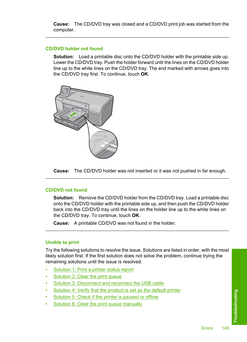 Unable to print, Cd/dvd holder not found, Cd/dvd not found | HP Photosmart D7560 Printer User Manual | Page 152 / 237