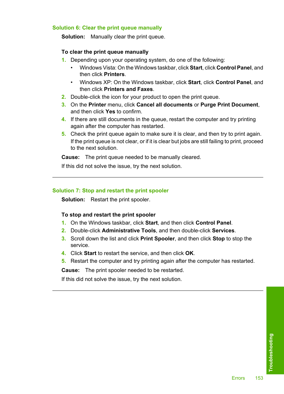 Solution 6: clear the print queue manually | HP Photosmart D7560 Printer User Manual | Page 156 / 237