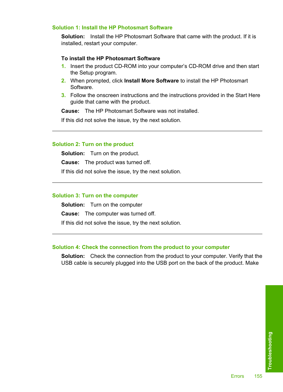 Solution 1: install the hp photosmart software, Solution 2: turn on the product, Solution 3: turn on the computer | HP Photosmart D7560 Printer User Manual | Page 158 / 237