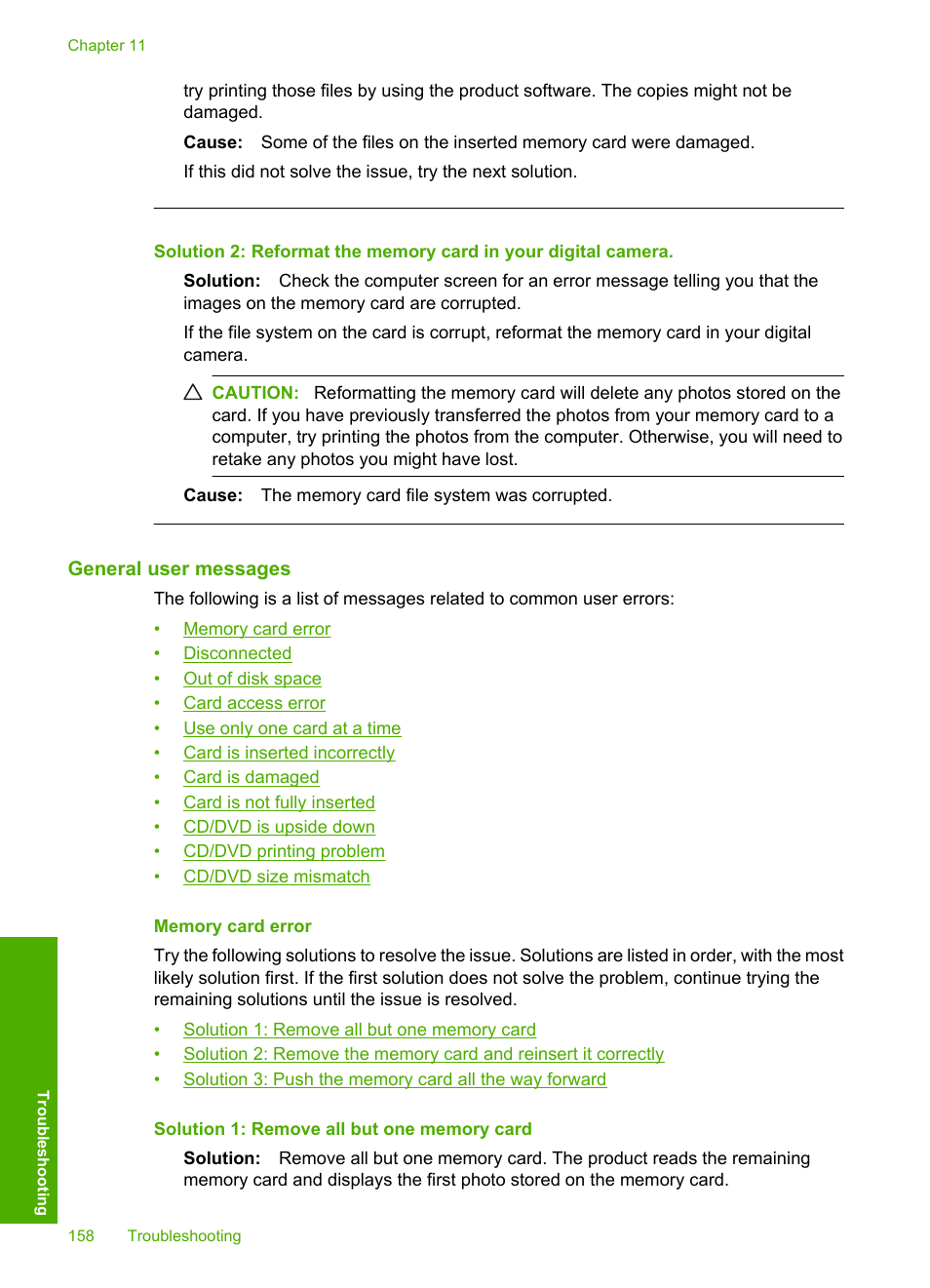 General user messages, Memory card error | HP Photosmart D7560 Printer User Manual | Page 161 / 237