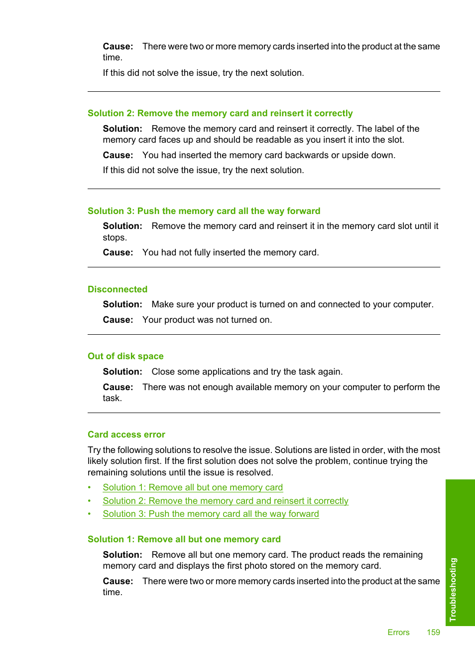 Card access error, Disconnected, Out of disk space | HP Photosmart D7560 Printer User Manual | Page 162 / 237