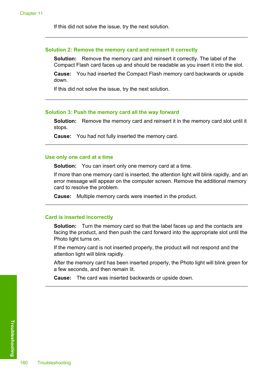 Use only one card at a time, Card is inserted incorrectly | HP Photosmart D7560 Printer User Manual | Page 163 / 237