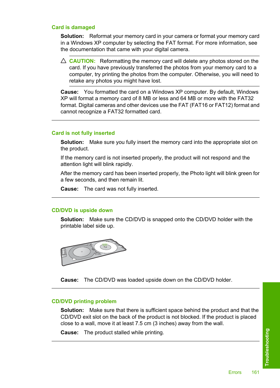 Card is damaged, Card is not fully inserted, Cd/dvd is upside down | Cd/dvd printing problem | HP Photosmart D7560 Printer User Manual | Page 164 / 237