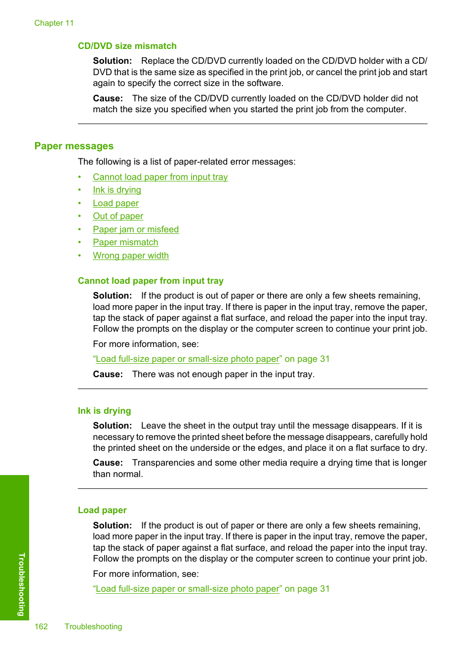 Paper messages, Cd/dvd size mismatch | HP Photosmart D7560 Printer User Manual | Page 165 / 237