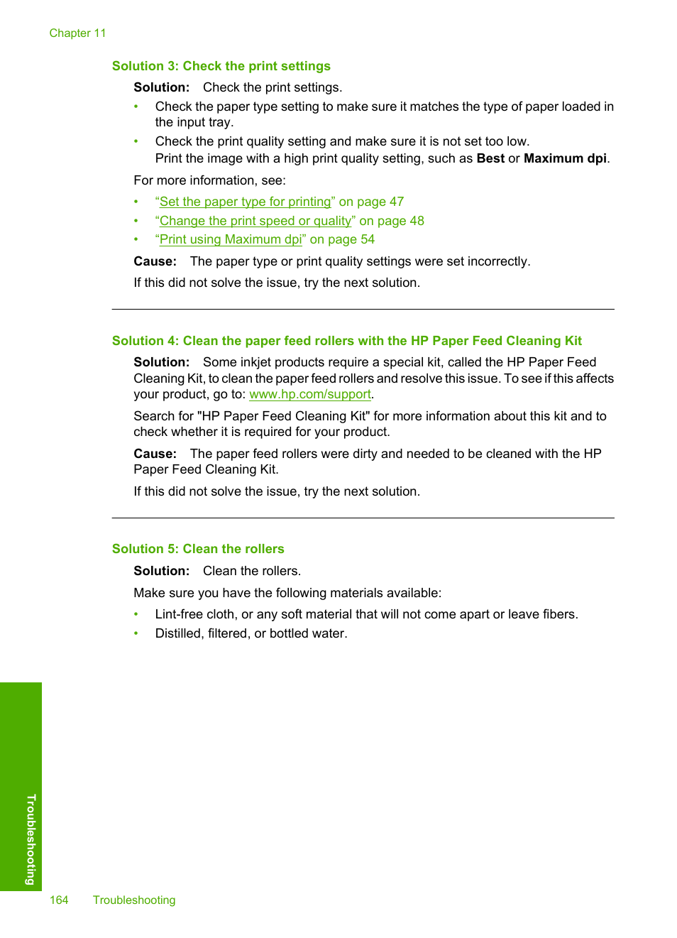 Solution 3: check the print settings, Solution 5: clean the rollers | HP Photosmart D7560 Printer User Manual | Page 167 / 237