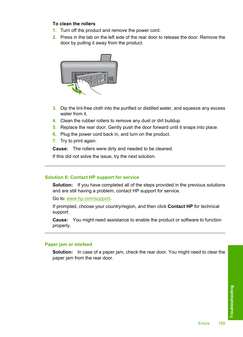 Paper jam or misfeed, Solution 6: contact hp support for service | HP Photosmart D7560 Printer User Manual | Page 168 / 237