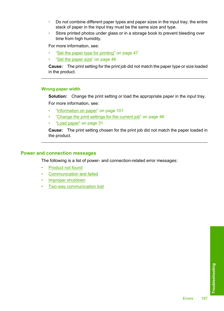 Power and connection messages, Wrong paper width | HP Photosmart D7560 Printer User Manual | Page 170 / 237