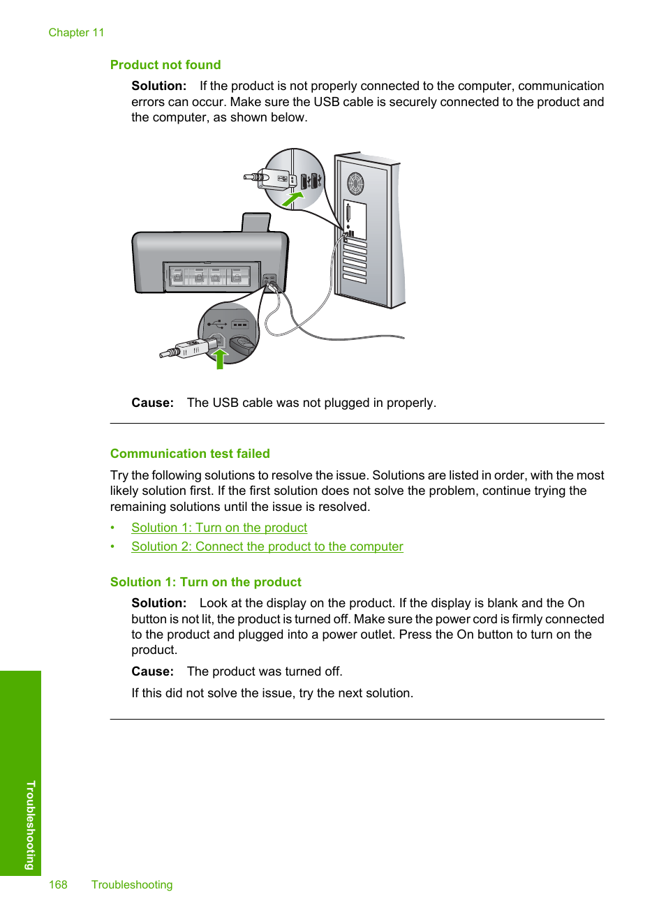 Communication test failed, Product not found | HP Photosmart D7560 Printer User Manual | Page 171 / 237