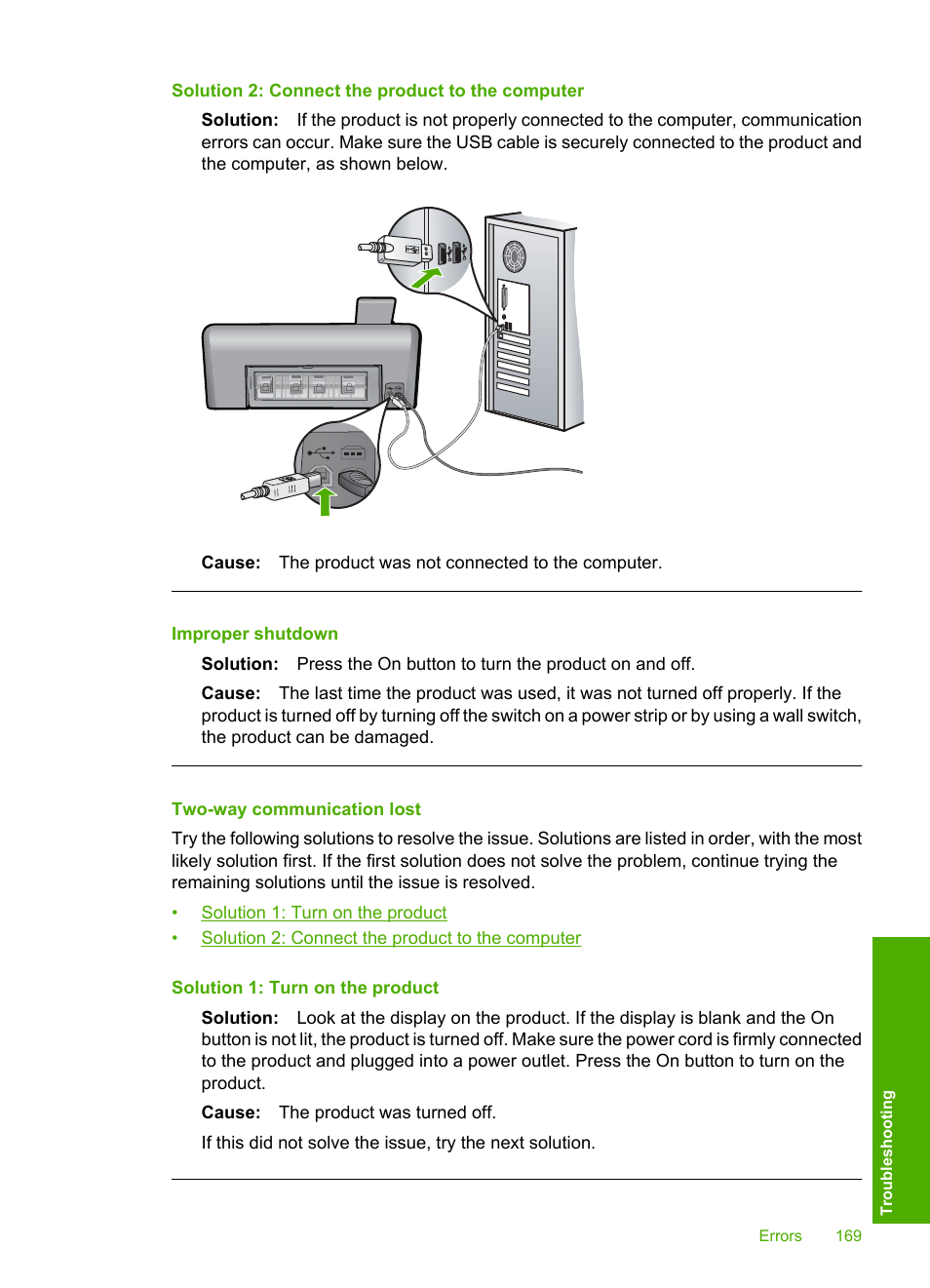 Two-way communication lost, Improper shutdown | HP Photosmart D7560 Printer User Manual | Page 172 / 237