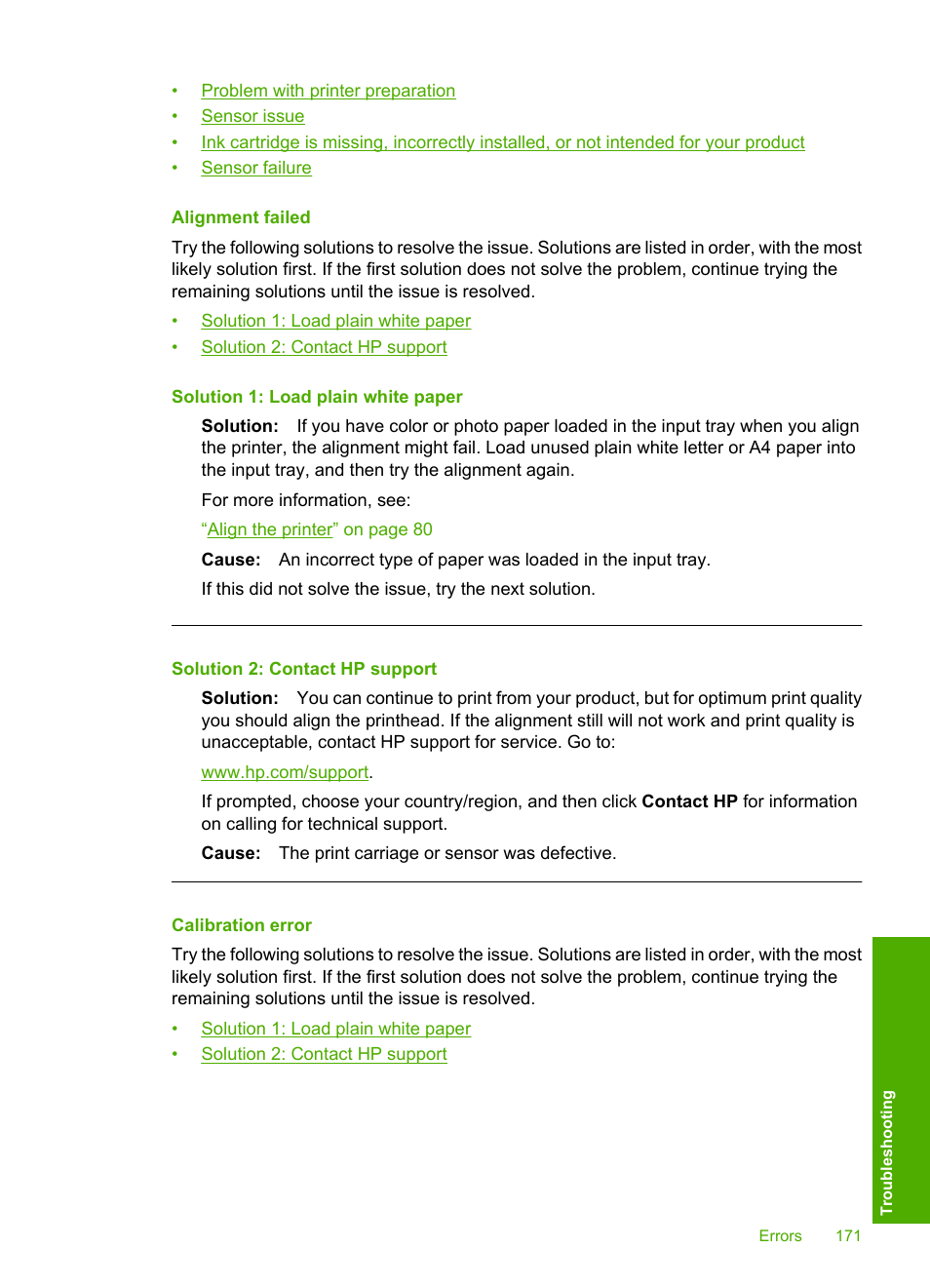 Alignment failed, Calibration error | HP Photosmart D7560 Printer User Manual | Page 174 / 237