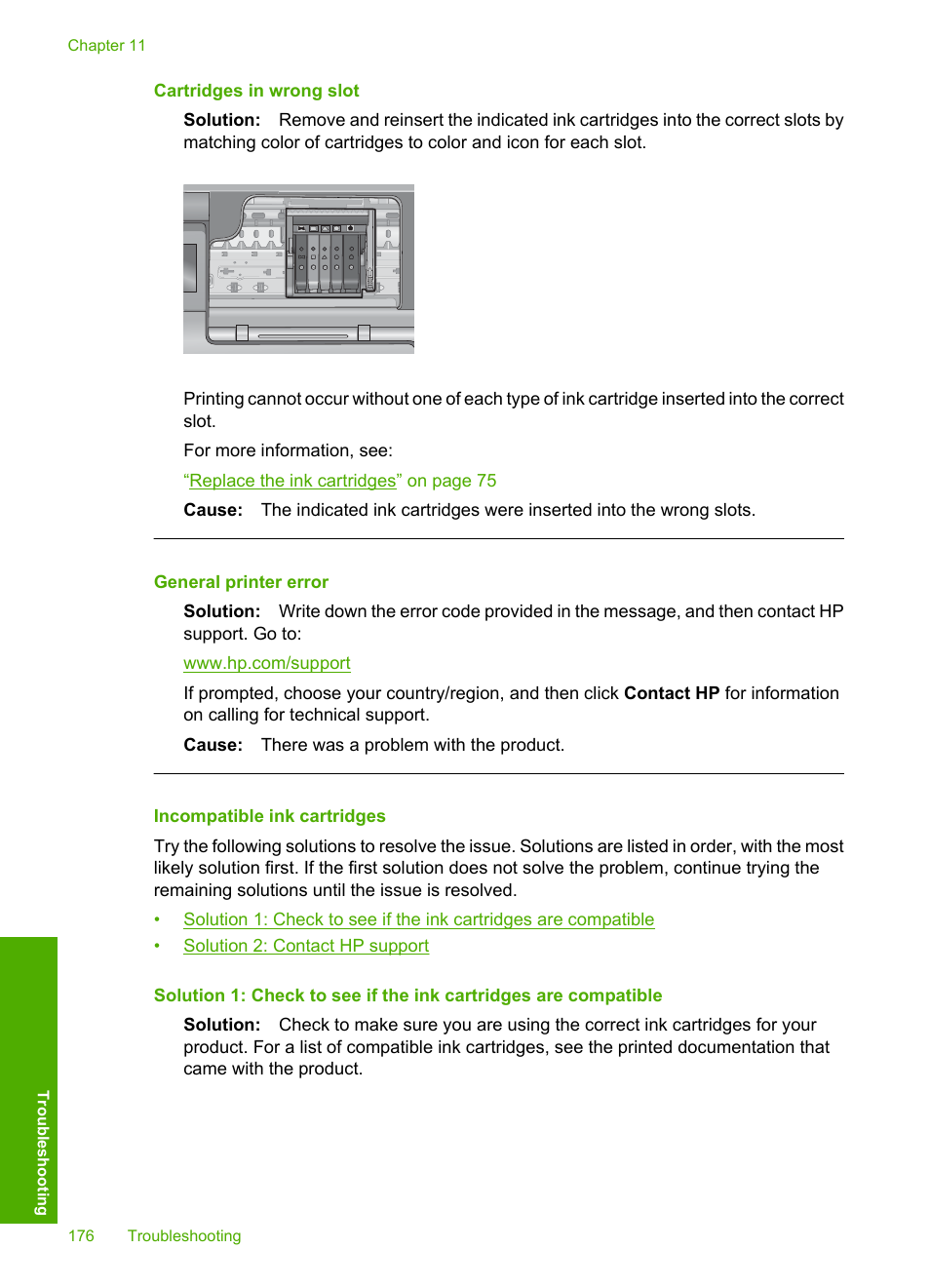 Incompatible ink cartridges, Cartridges in wrong slot, General printer error | HP Photosmart D7560 Printer User Manual | Page 179 / 237