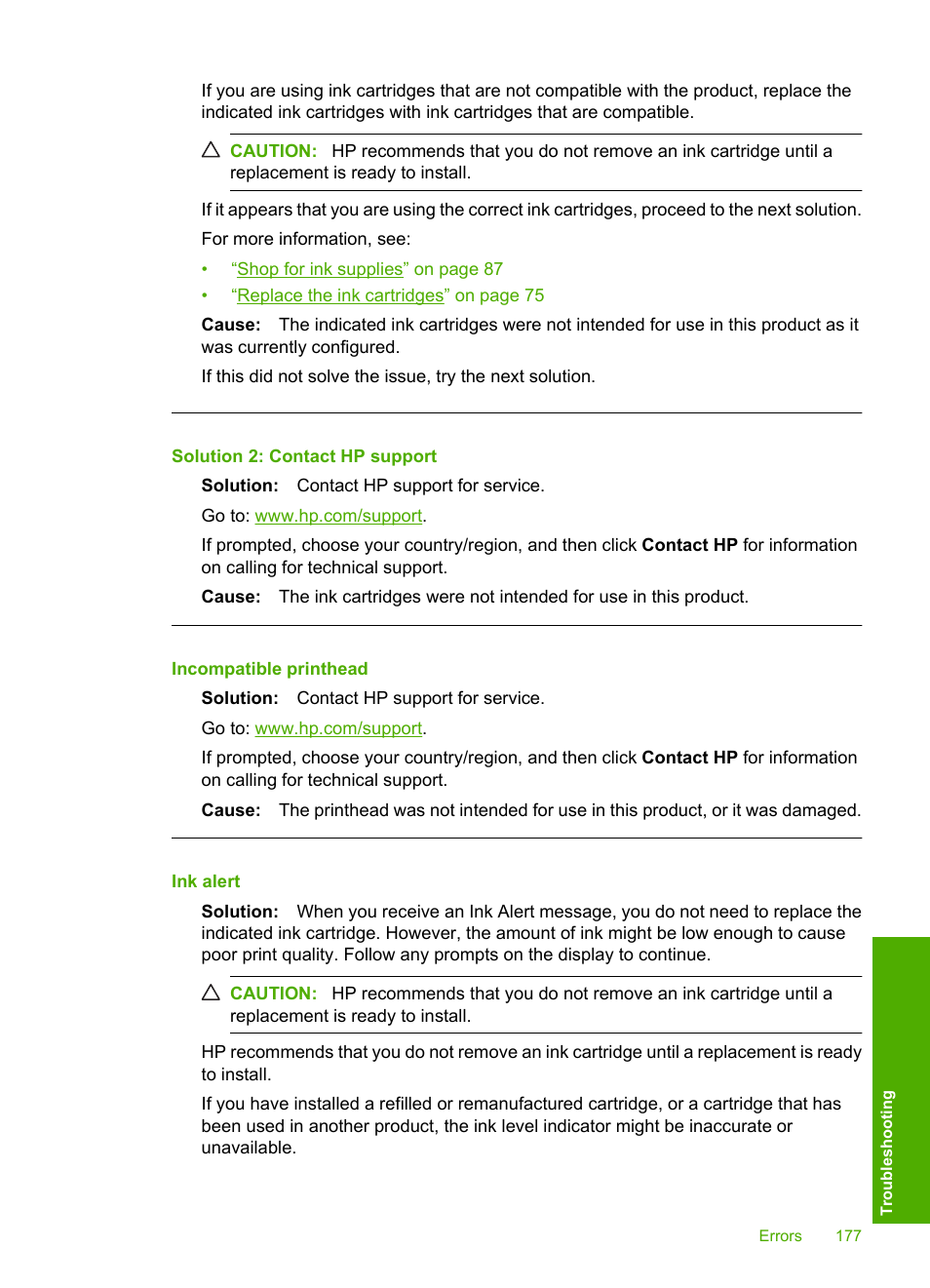 Incompatible printhead, Ink alert | HP Photosmart D7560 Printer User Manual | Page 180 / 237