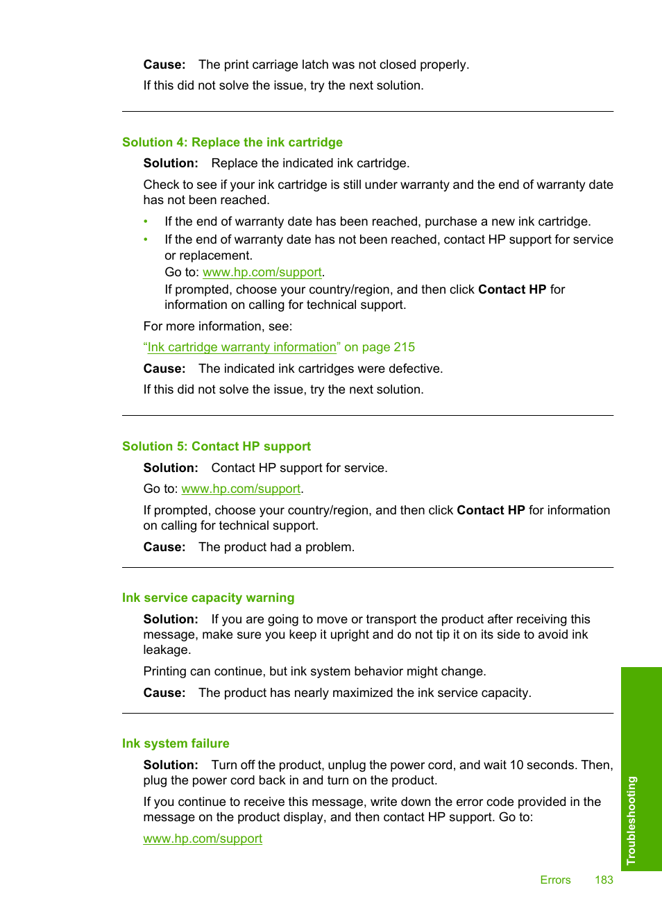 Ink service capacity warning, Ink system failure, Solution 4: replace the ink cartridge | Solution 5: contact hp support | HP Photosmart D7560 Printer User Manual | Page 186 / 237