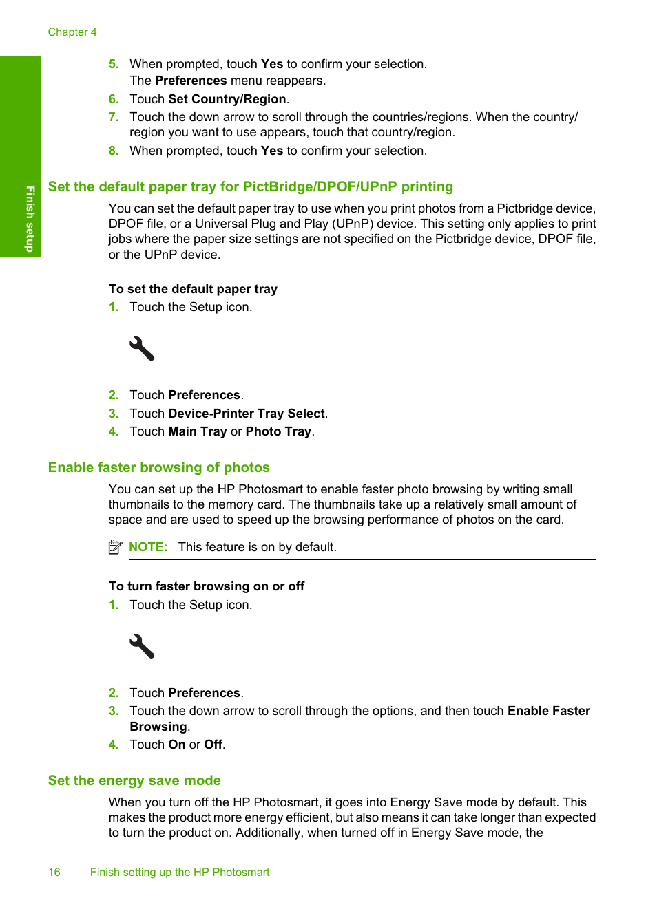 Enable faster browsing of photos, Set the energy save mode | HP Photosmart D7560 Printer User Manual | Page 19 / 237