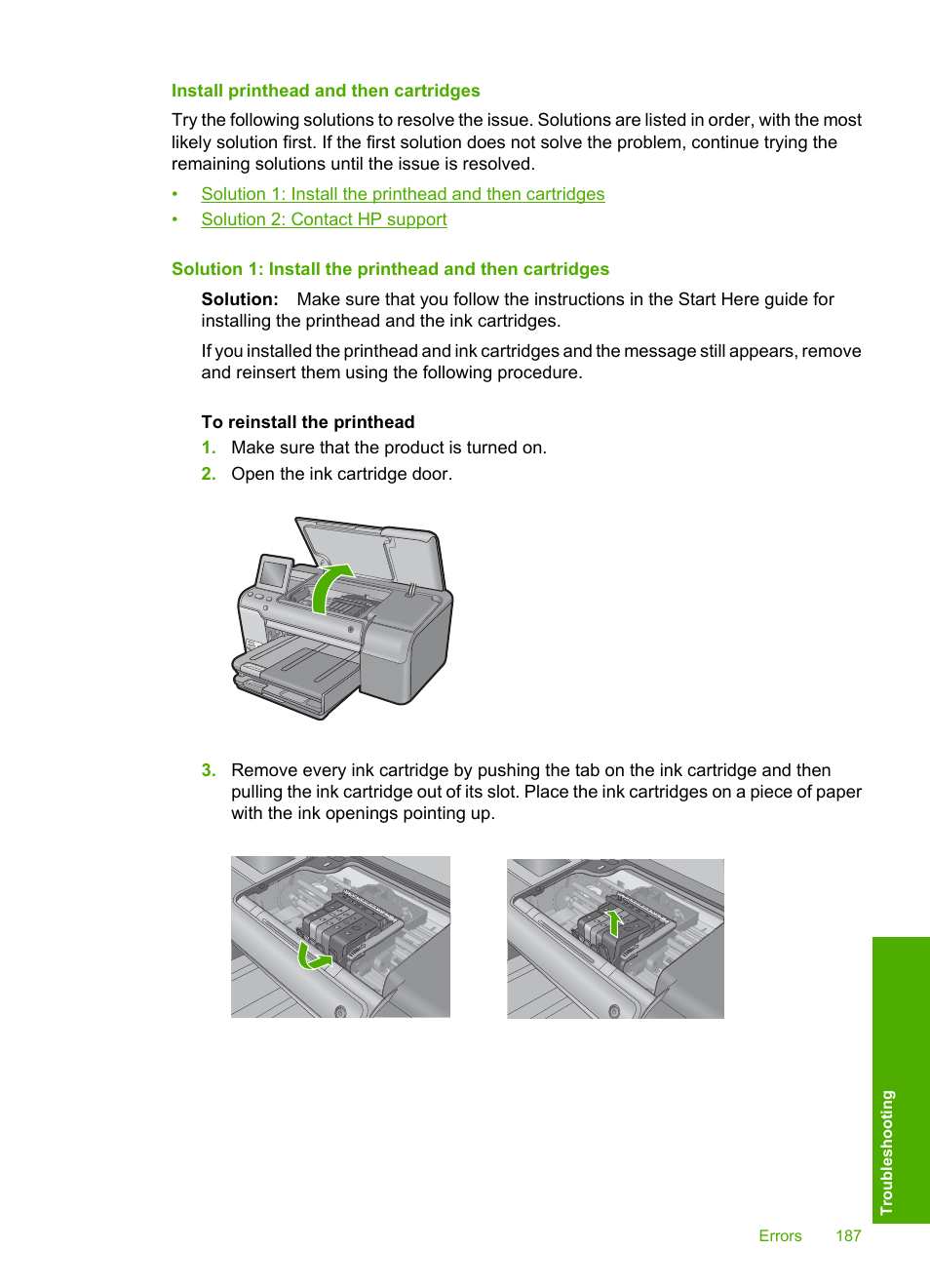 Install printhead and then cartridges | HP Photosmart D7560 Printer User Manual | Page 190 / 237