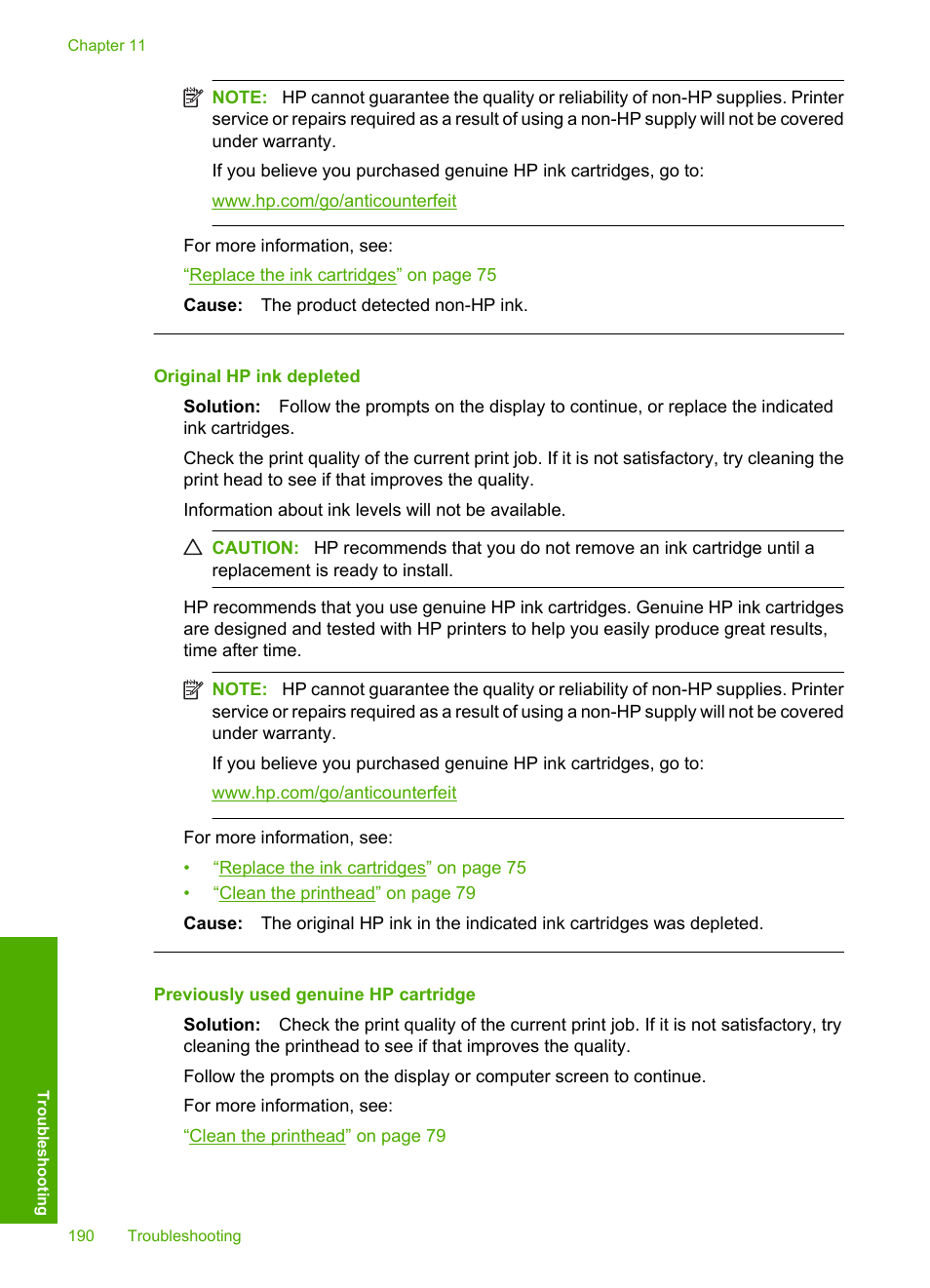 Original hp ink depleted, Previously used genuine hp cartridge | HP Photosmart D7560 Printer User Manual | Page 193 / 237