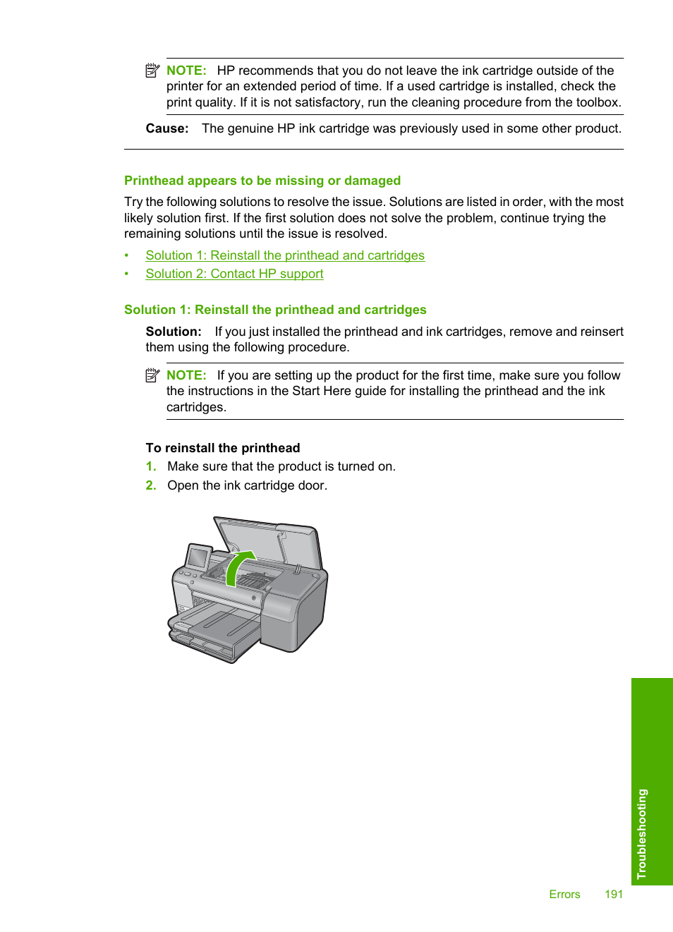 Printhead appears to be missing or damaged | HP Photosmart D7560 Printer User Manual | Page 194 / 237