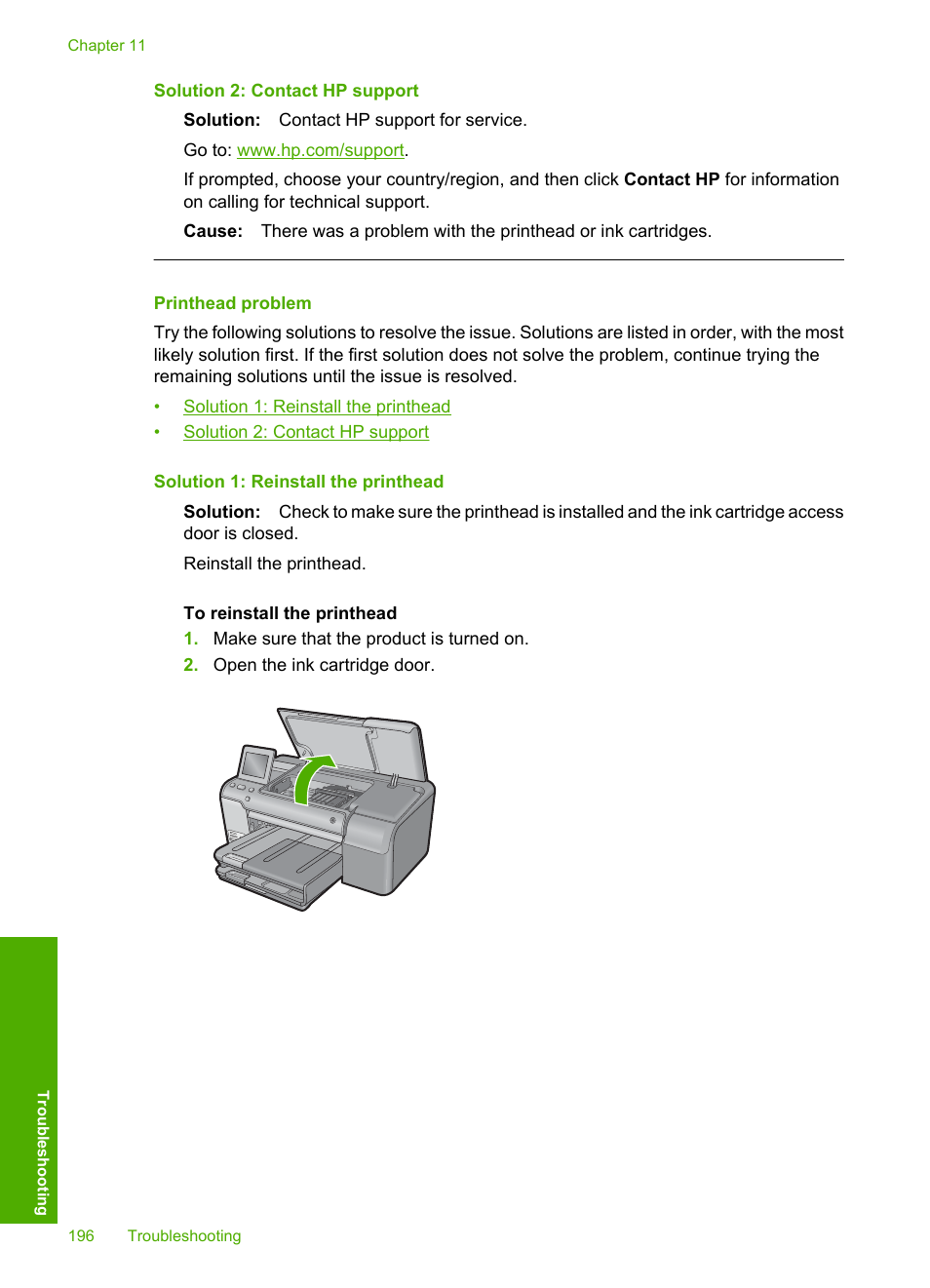 Printhead problem | HP Photosmart D7560 Printer User Manual | Page 199 / 237