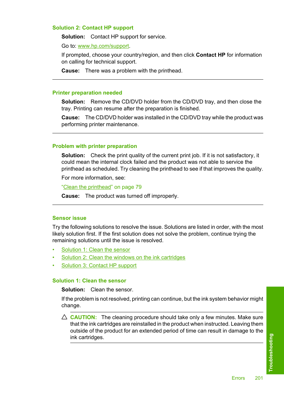 Sensor issue, Printer preparation needed, Problem with printer preparation | HP Photosmart D7560 Printer User Manual | Page 204 / 237
