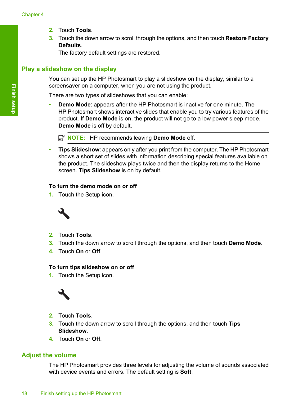 Play a slideshow on the display, Adjust the volume | HP Photosmart D7560 Printer User Manual | Page 21 / 237