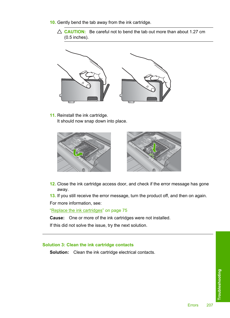 Solution 3: clean the ink cartridge contacts | HP Photosmart D7560 Printer User Manual | Page 210 / 237