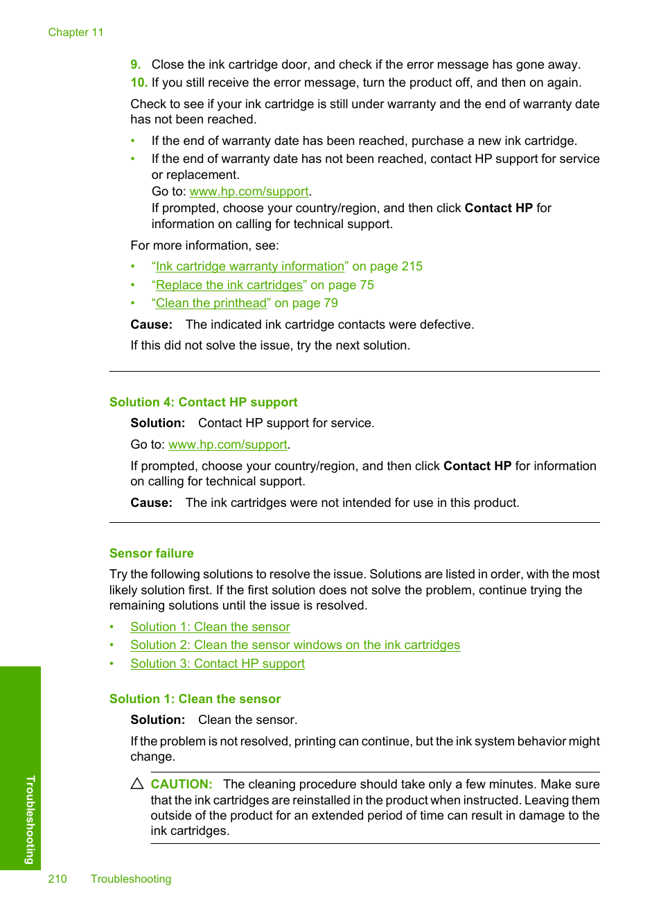 Sensor failure, Solution 4: contact hp support | HP Photosmart D7560 Printer User Manual | Page 213 / 237
