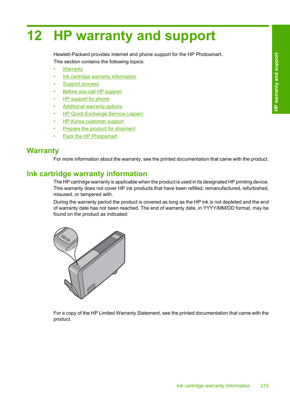 Hp warranty and support, Warranty, Ink cartridge warranty information | 12 hp warranty and support, Warranty ink cartridge warranty information | HP Photosmart D7560 Printer User Manual | Page 218 / 237