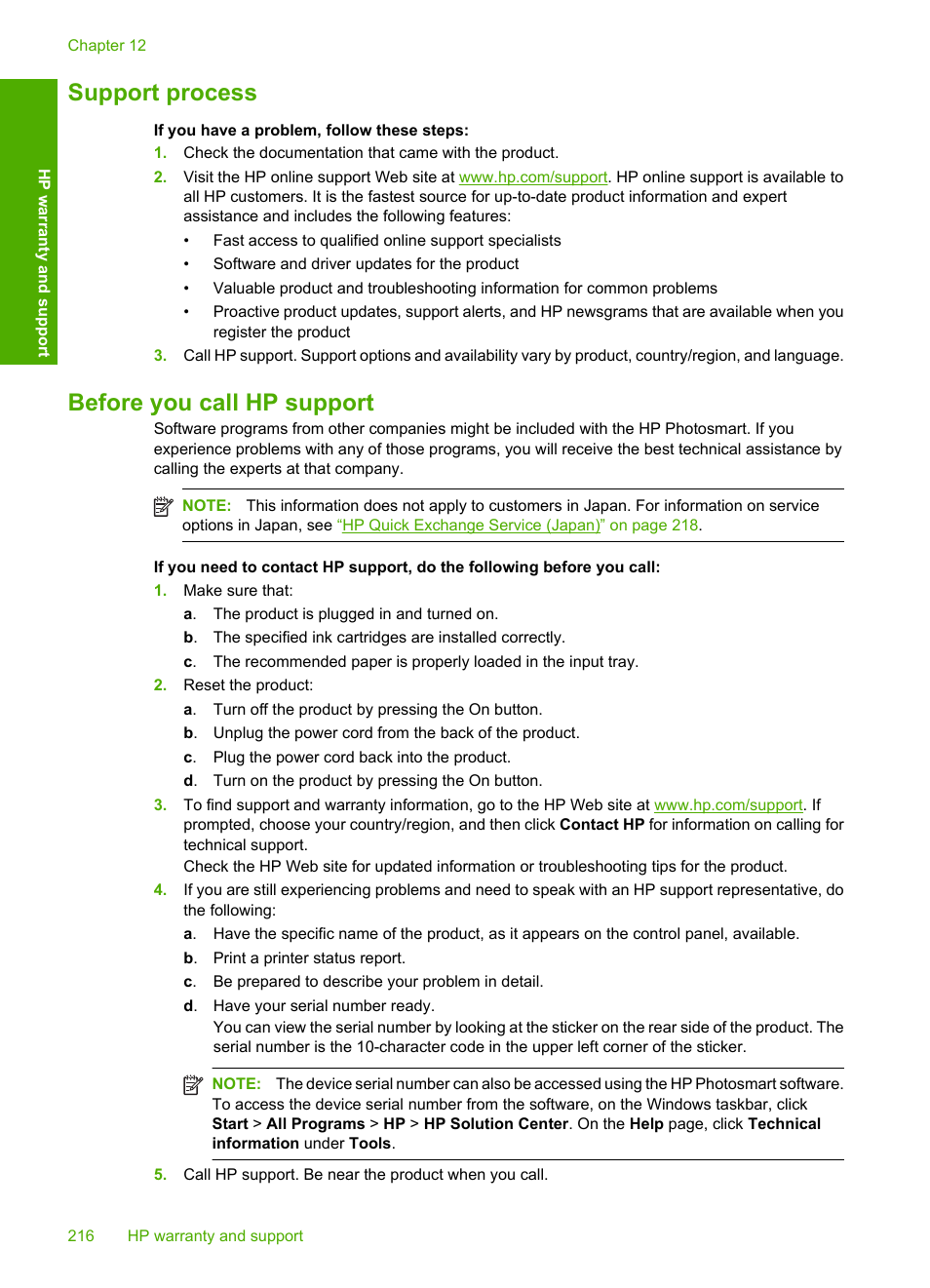 Support process, Before you call hp support, Support process before you call hp support | HP Photosmart D7560 Printer User Manual | Page 219 / 237