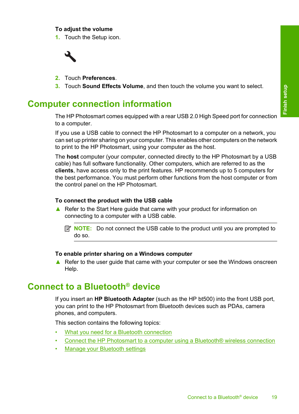 Computer connection information, Connect to a bluetooth® device, Device | Wireless connection, Manage your bluetooth settings, Connect to a bluetooth | HP Photosmart D7560 Printer User Manual | Page 22 / 237