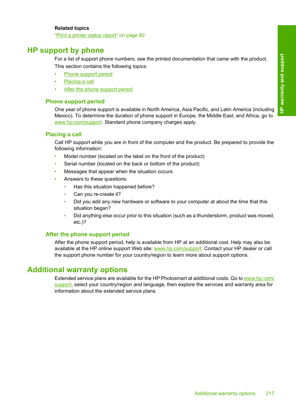 Hp support by phone, Phone support period, Placing a call | After the phone support period, Additional warranty options | HP Photosmart D7560 Printer User Manual | Page 220 / 237