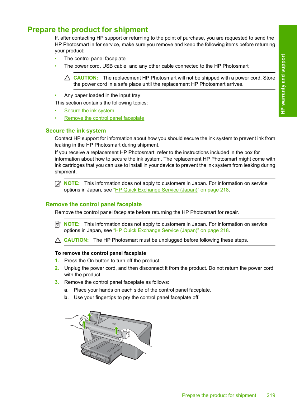 Prepare the product for shipment, Secure the ink system, Remove the control panel faceplate | HP Photosmart D7560 Printer User Manual | Page 222 / 237