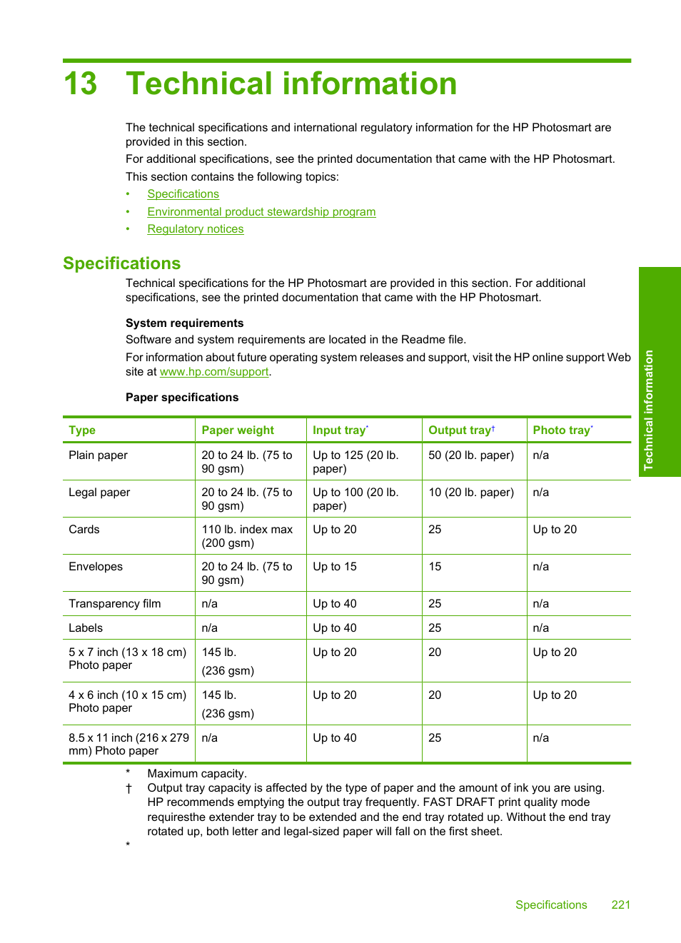 Technical information, Specifications, 13 technical information | Or in | HP Photosmart D7560 Printer User Manual | Page 224 / 237