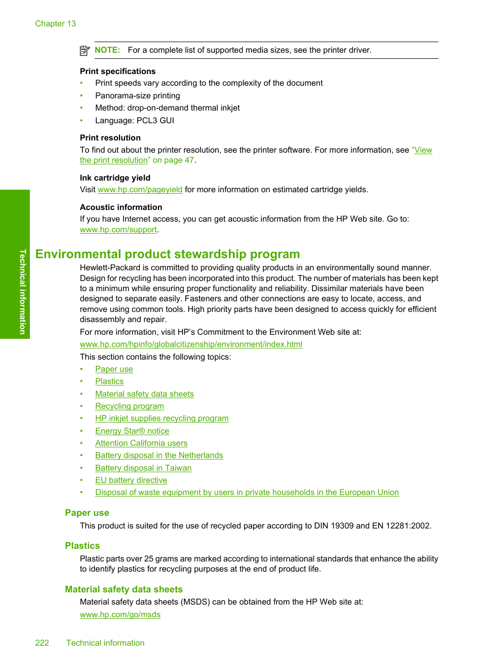 Environmental product stewardship program, Paper use, Plastics | Material safety data sheets | HP Photosmart D7560 Printer User Manual | Page 225 / 237