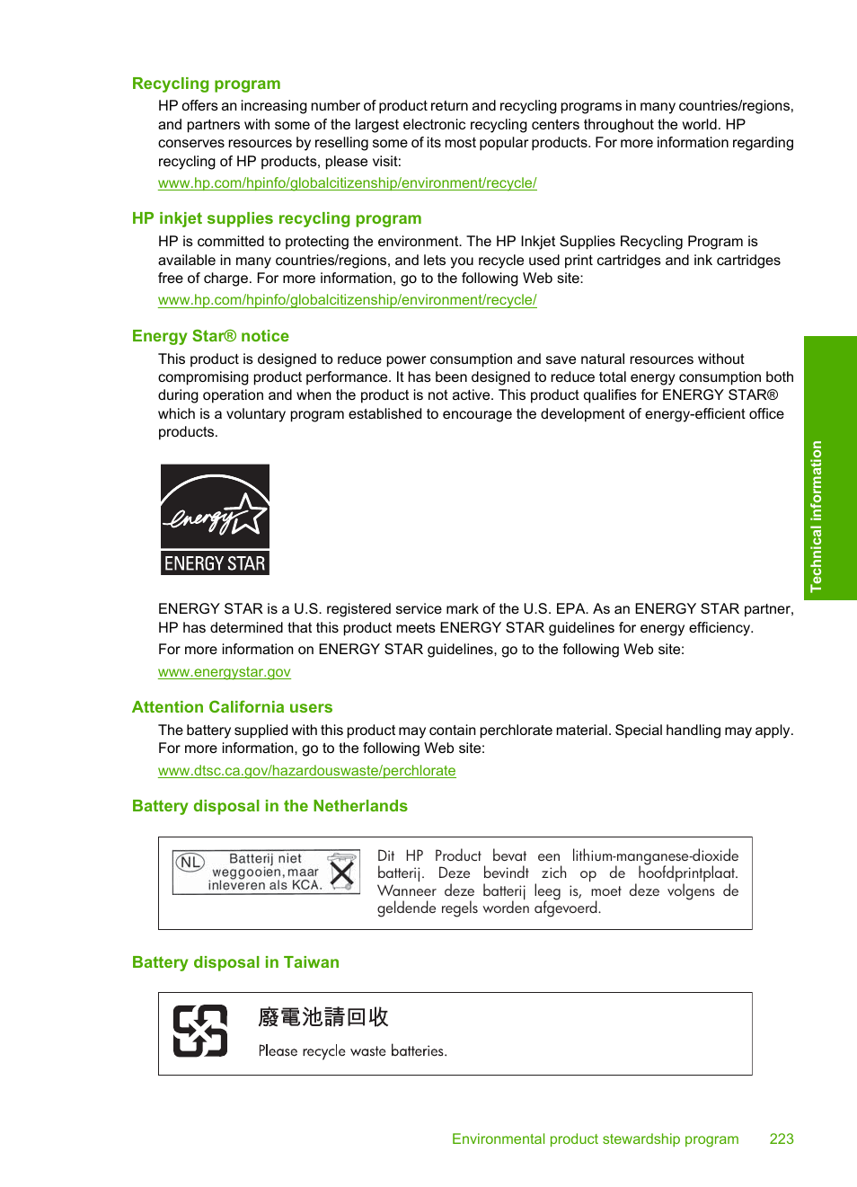 Recycling program, Hp inkjet supplies recycling program, Energy star® notice | Attention california users, Battery disposal in the netherlands, Battery disposal in taiwan | HP Photosmart D7560 Printer User Manual | Page 226 / 237